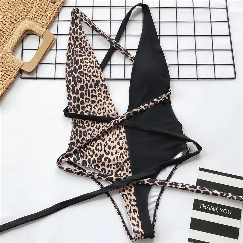 Deep V Neck Splicing Wrap Around Leopard Female Swimwear One Piece Swimsuit Women Backless Monokini Bather High Cut Bathing Suit
