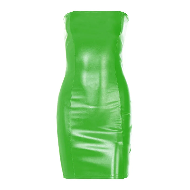 Women's Summer Sexy Tube Top Leather Dress Party Strapless Bodycon Pu Leather Slim Package Hip Mini Dress Trendy Streetwear 2024