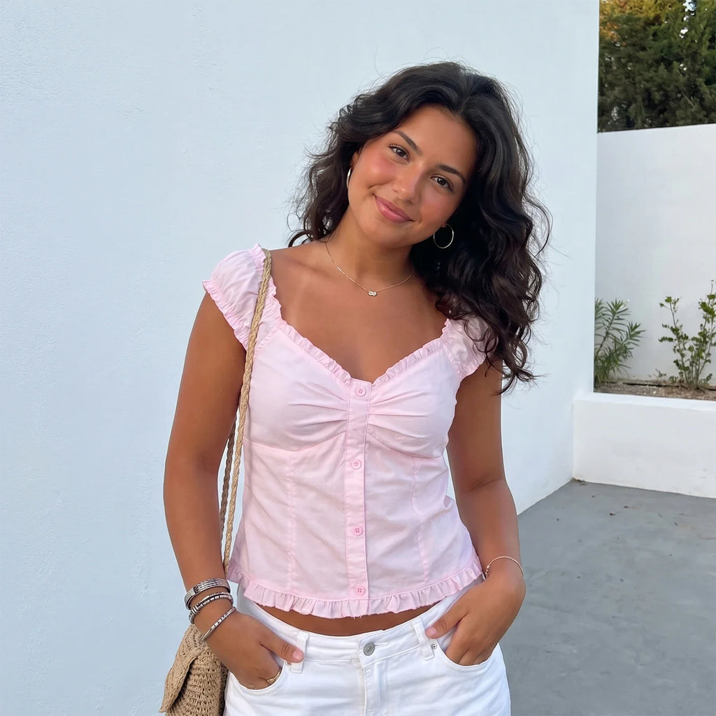 Women Square Neck Tops Botton Down Cap Sleeve Crop Blouse Summer Retro Casual Daily Office  Back Tie Shirts