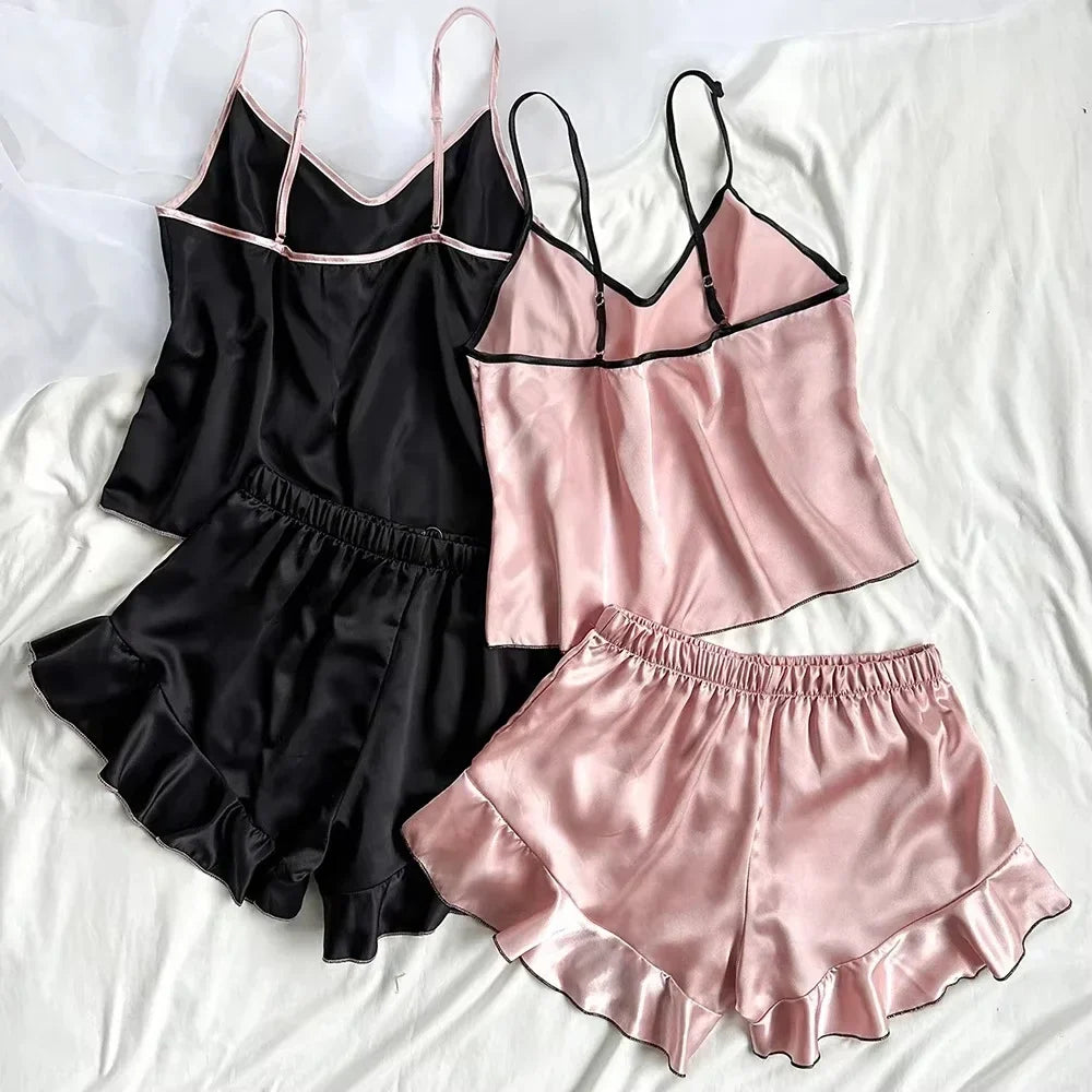 Summer Pajamas Set Women's Smooth Satin V-Neck Ruffled Edges Tops and Bow Shorts Pajama Sling Home Clothing