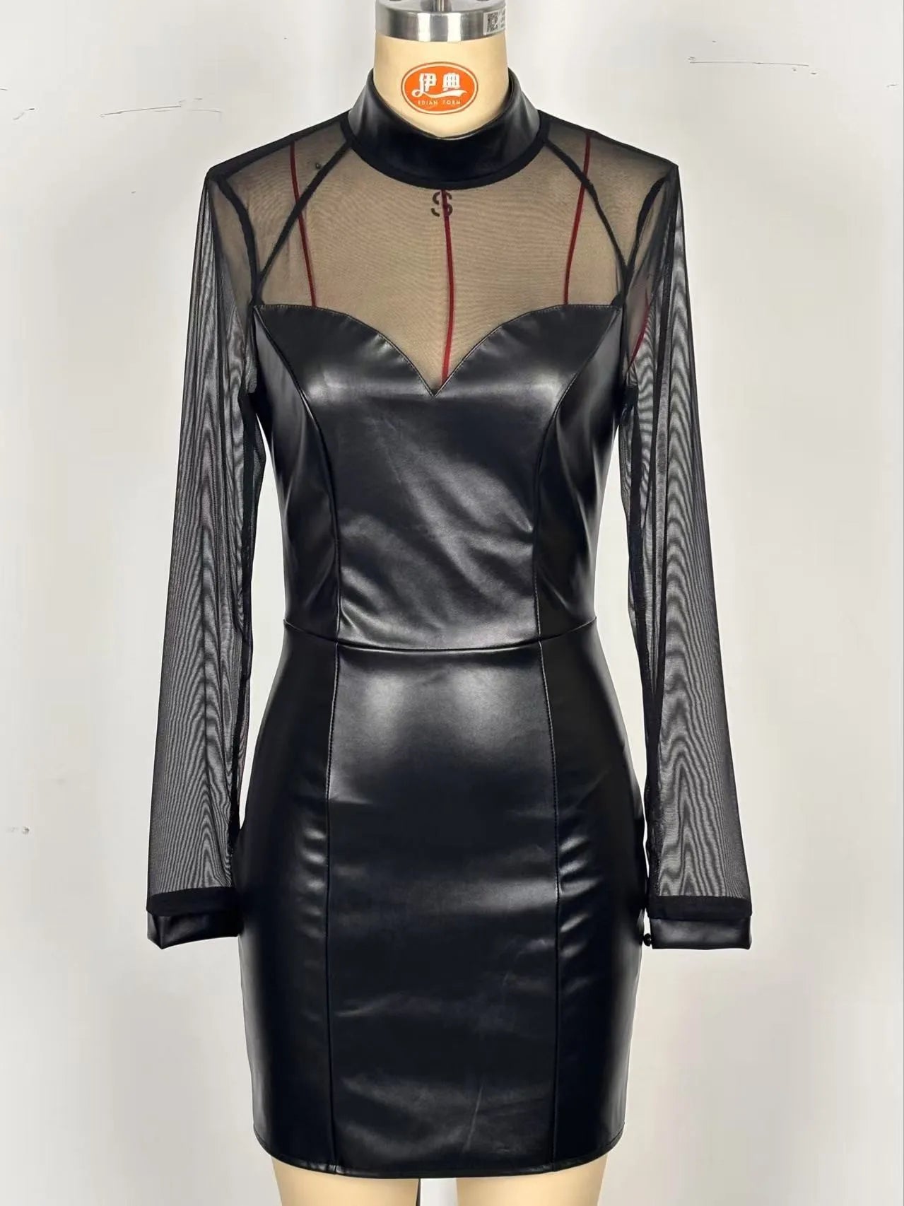 Summer Women's Slim Mini Dresses Sexy Hot Girl See Through Mesh Patchwork Leather Package Hip Short Dress Lady Club Vestidos