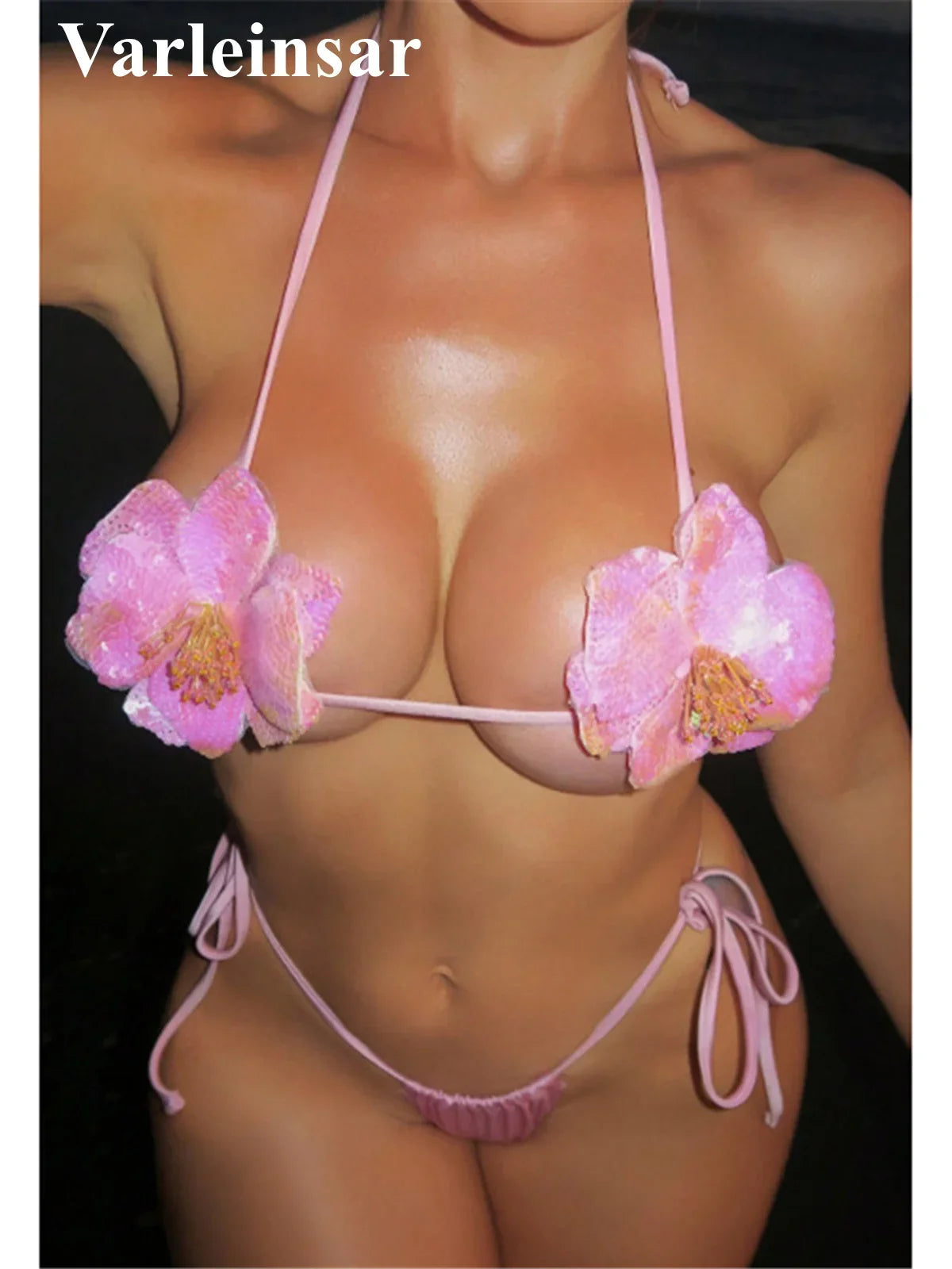 S - XL New Shiny 3D Flowers Halter Bikini Female Swimsuit Women Swimwear Two-Pieces Bikini Set Bather Bathing Suit Swim V7703