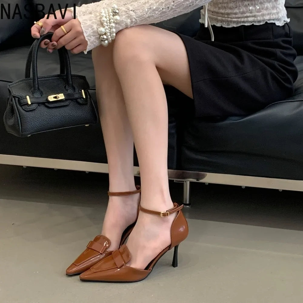 2026 Summer Fashion Sexy Thin High Heels Patent Leather Pointed Toe Shallow Single Pumps French Sandals Retr Dress Shoes Women