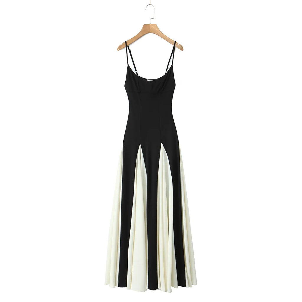 Foridol Black Beige Patchwork Summer Women's Dress Spaghetti Strap A-line Pleated Party Vestidos Sleveless Beach Casual Dress