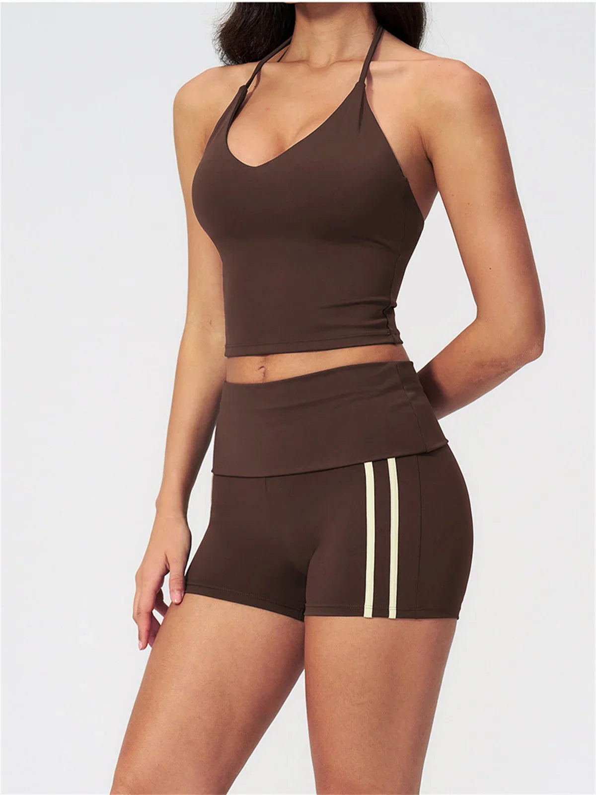 Color Blocked Yoga Suit 2 Pieces Women Slim Sports Tank Top High Waist Leggings Shorts Outfit Tight Outdoor Running Fitness Suit