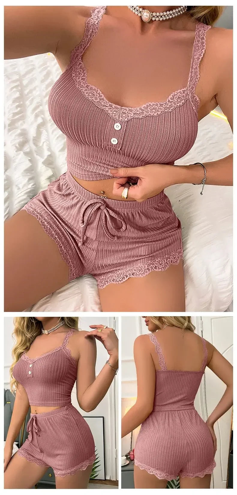 Sexy Women Summer Pajama Set Ribbed Lace Trim Backless Crop Cami Top and Shorts Slim Fit Sleepwear Nightwear Lounge Set