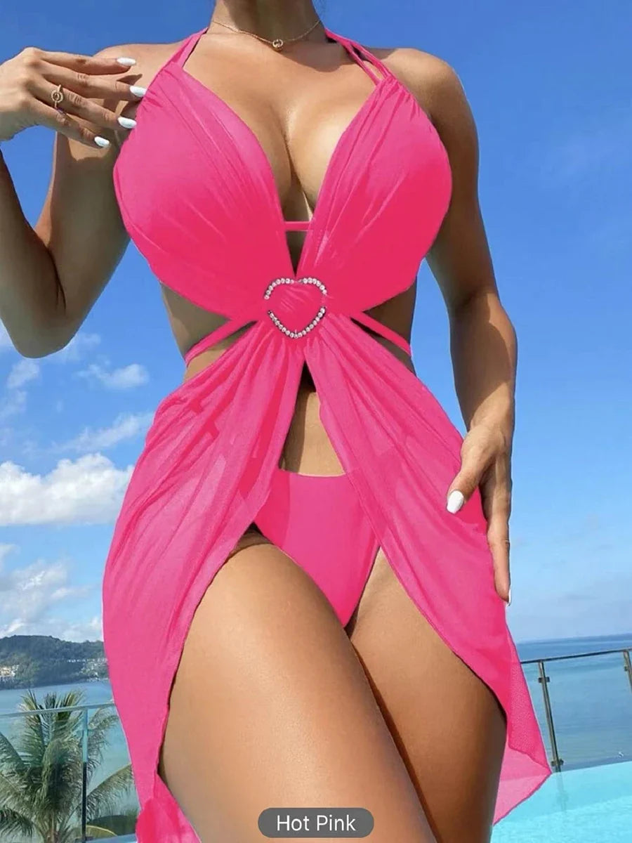3 Piece Halter String Bikini 2026 Hollow Out Swimsuit Women Padded Swimwear Female Bathers Bathing Swimming Swim Suit Beachwear