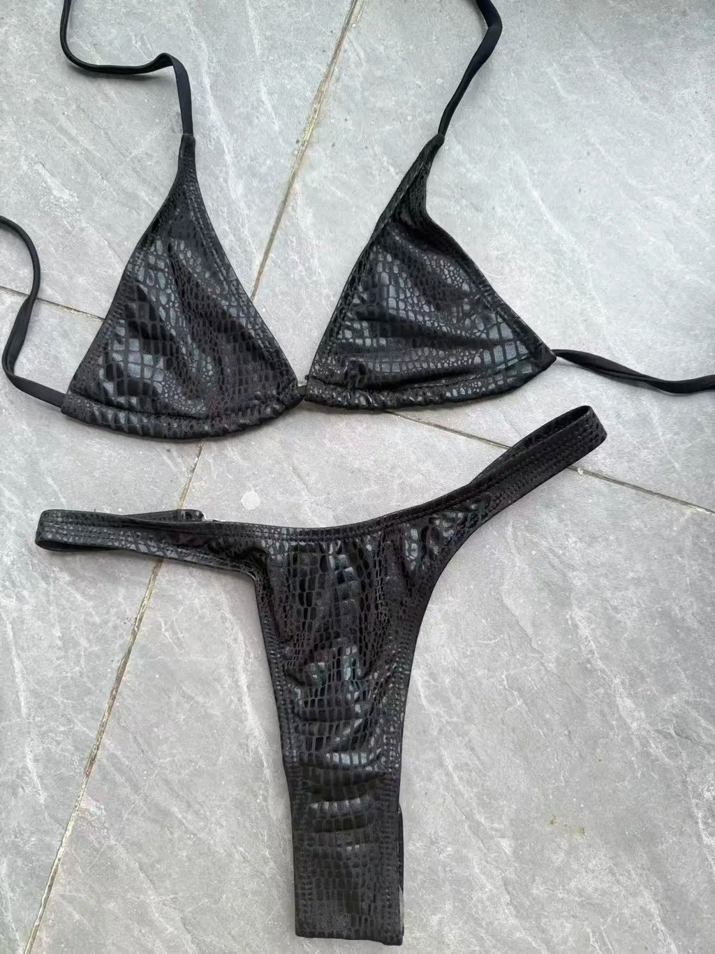 DEKA Luxury Diamond Back Thong Bikini Shiny Black Snakeskin Print Bikini Set Swimwear Women Swimsuit Beach Push Up Bathing Suit