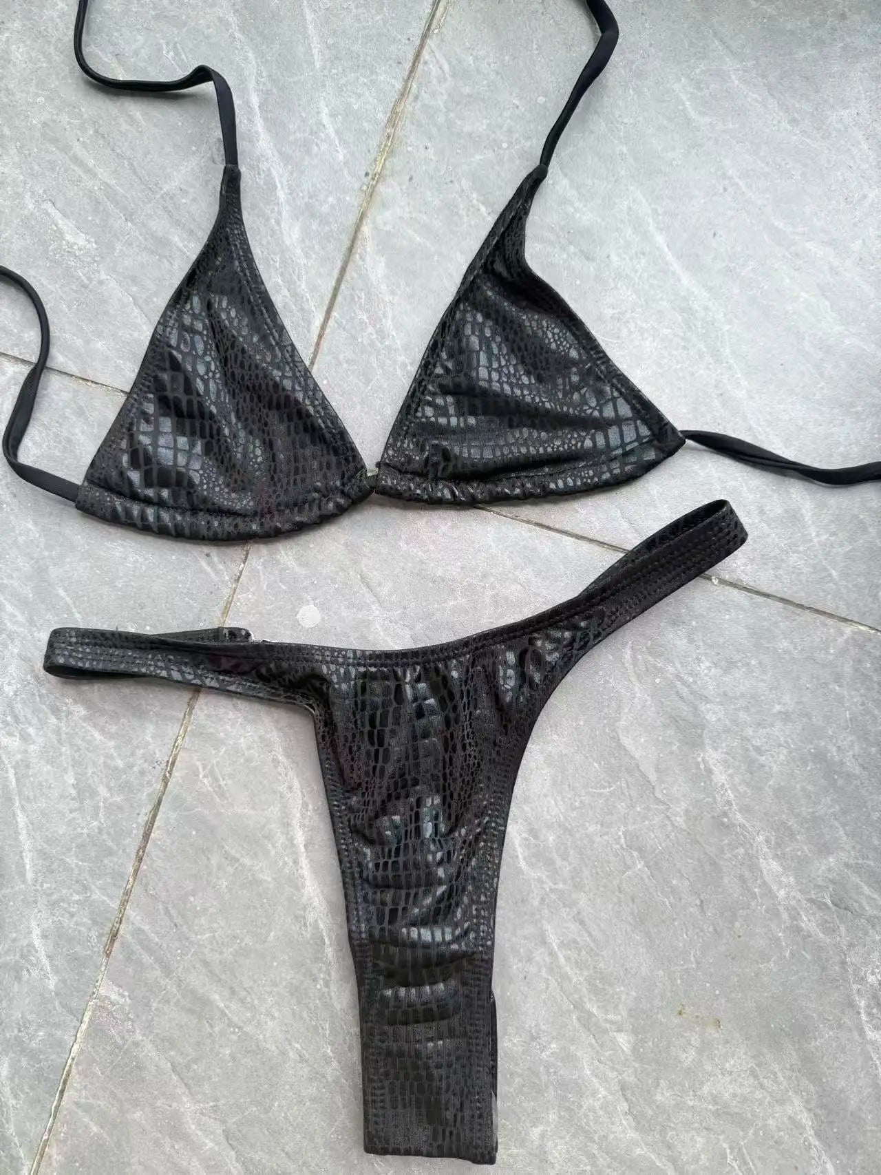 DEKA Luxury Diamond Back Thong Bikini Shiny Black Snakeskin Print Bikini Set Swimwear Women Swimsuit Beach Push Up Bathing Suit