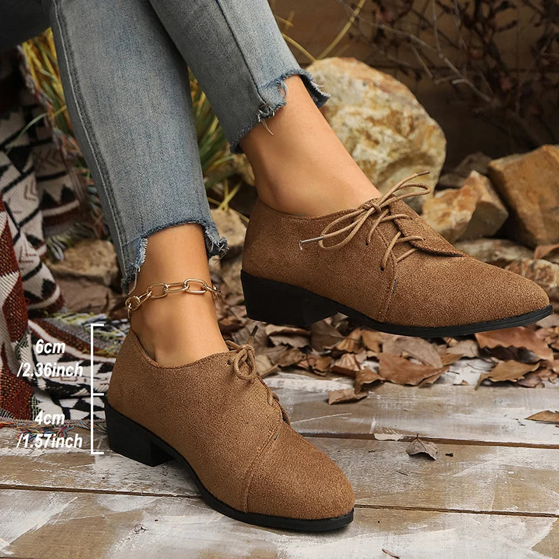 New Patchwork Loepord Pointed Toe Shoes for Women Retro Fax Suede Lacing Pumps Woman Shallow Square Heel Single Shoes Mujer