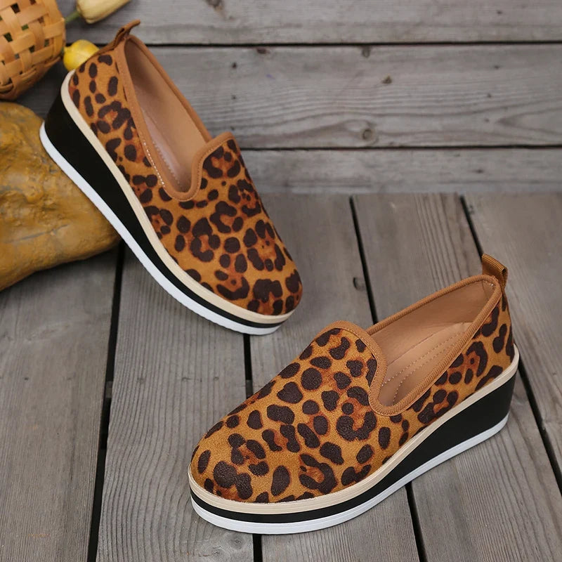 Sexy Leopard Print Wedge Heels Loafers Women Plus Size 43 Slip On Thick Sole Single Shoes Woman Round Toe Platform Casual Shoes