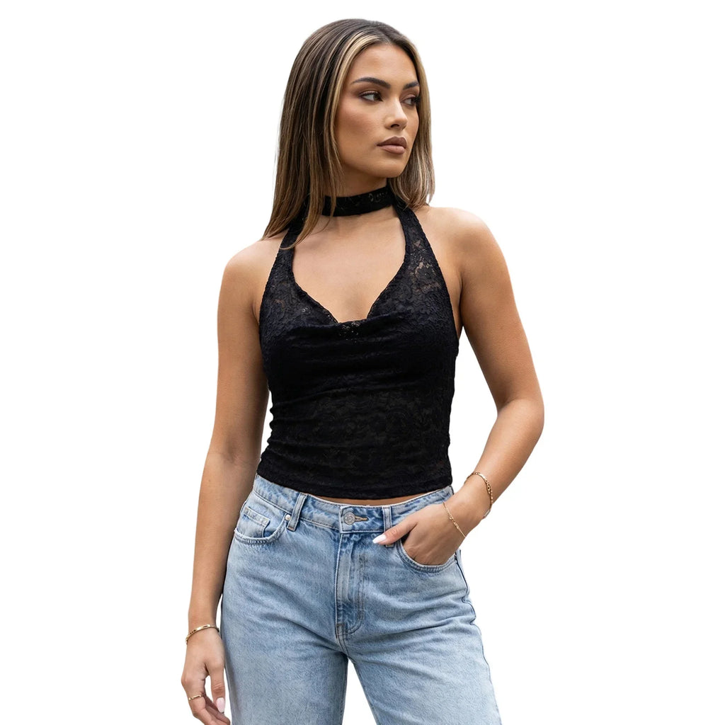 Women Summer Halter Top Sleeveless Lace Backless Solid Color Camis Tops for Club Party