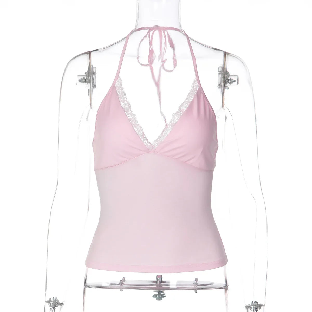 FDYOUI Casual Sexy Halter Neck Lace Patchwork Pink Camisoles Women Bandage Backless Corset T-shirt Y2K Streetwear Cropped Tops
