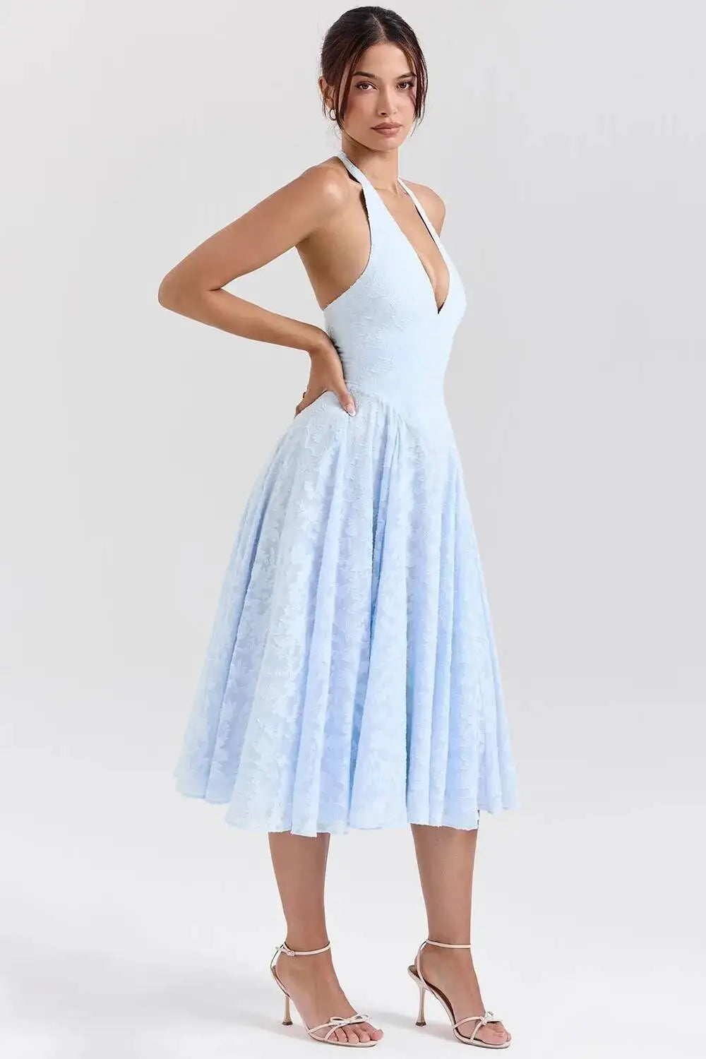 French Style Blue Jacquard Dress With French Vibe V-neck Backless Holiday Halter-neck Dress Niche Long Dress Pure Desire U633