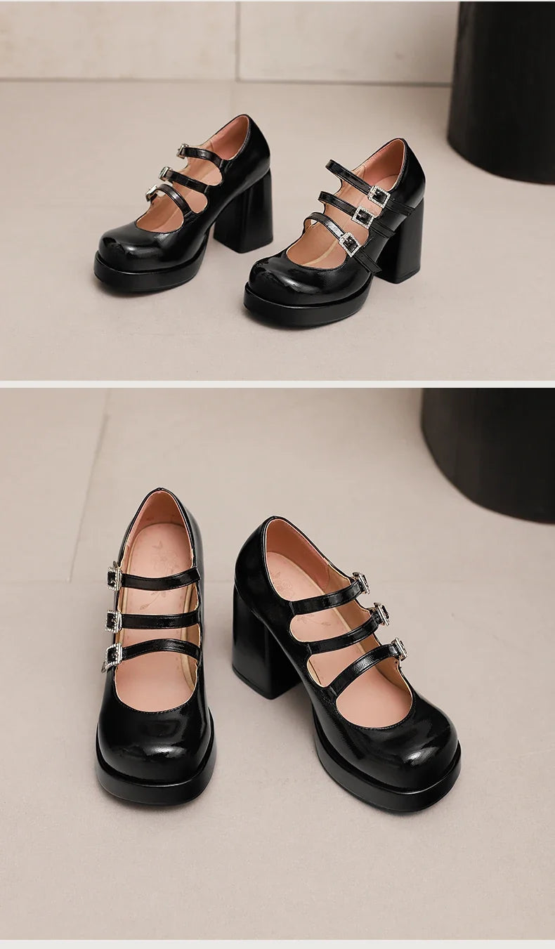 Plus Size Women Red Patent Leather Platform Mary Jane Shoes 3 Rhinestone Buckle Straps Chunky Block  Y2K Lolita Party Pumps