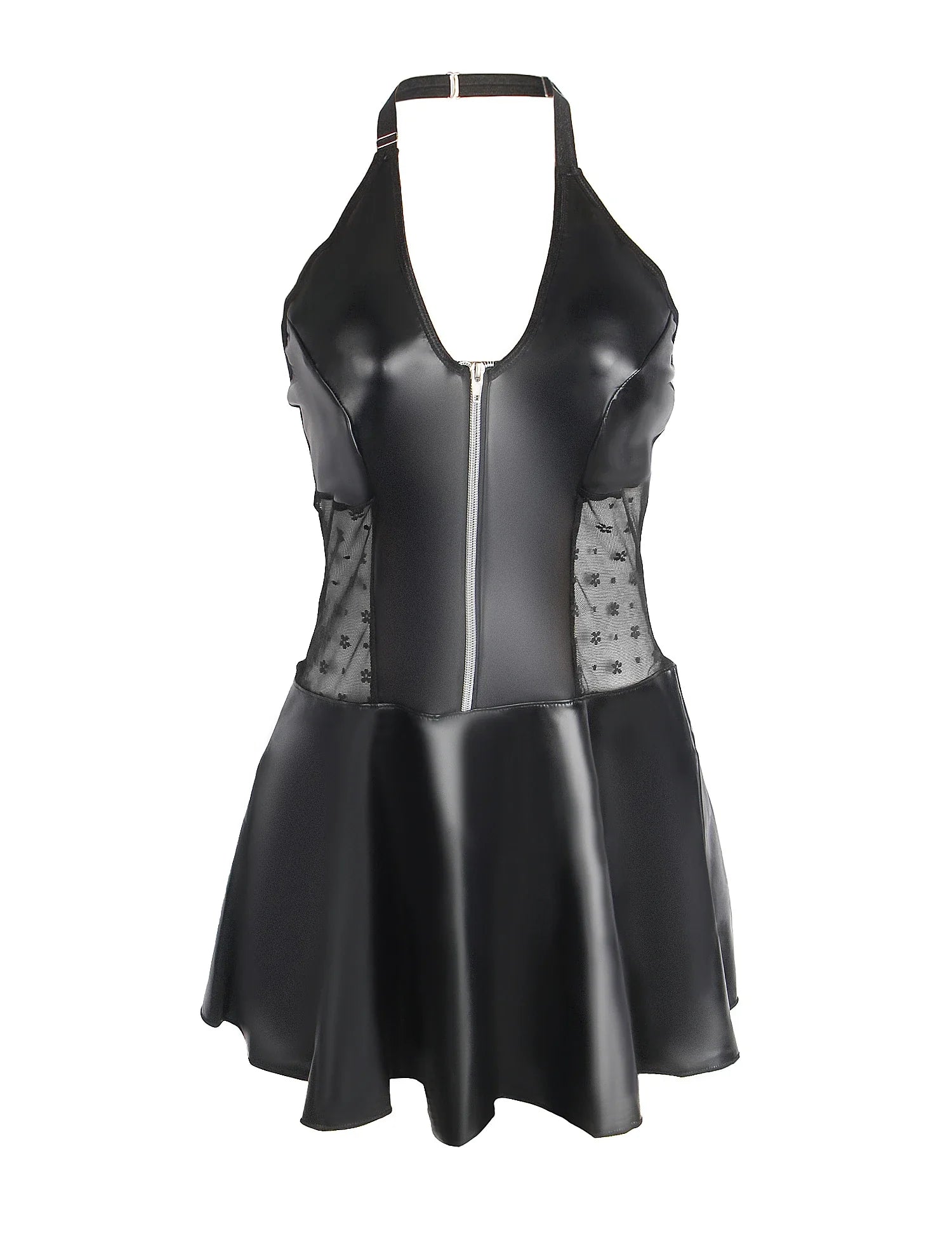 Baby Doll Black PU Leather Lace Sexy Halter Dress With Garter Belts Daring Lingerie for Women Plus Size Club Wear Ladies Dresses