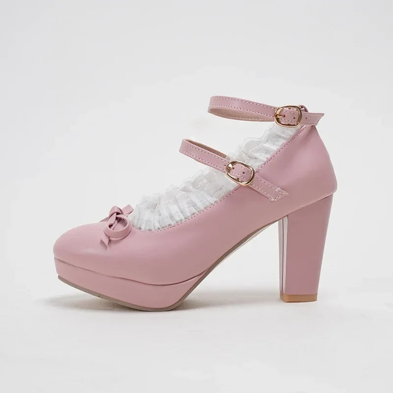 Women's Sweet Cute Lace Bow Lolita Platform High Heels, White Pumps Wedding Party Dress Shoes, Big Sizes 33-48