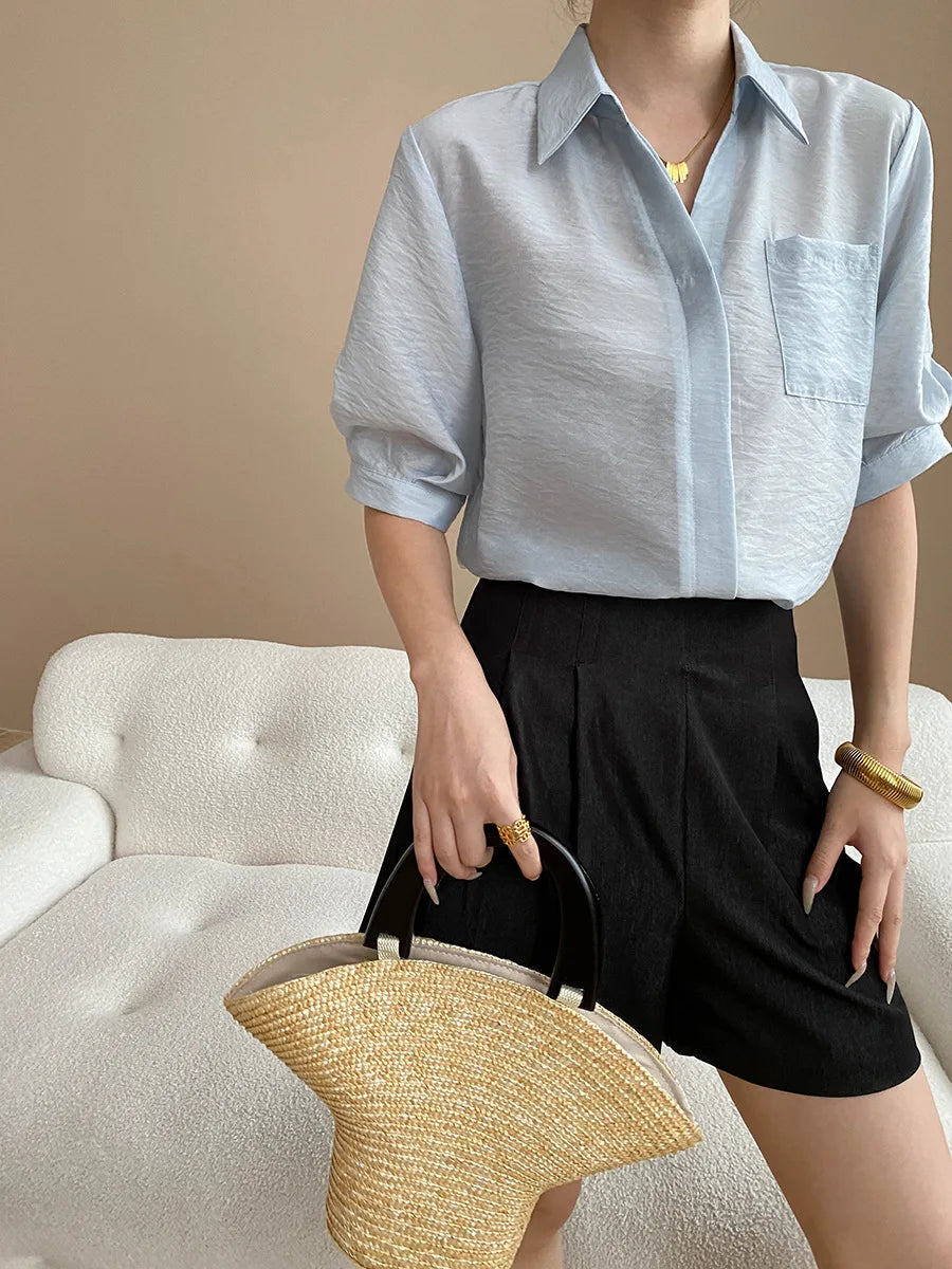 Turn-Down Collar Loose Short-Sleeve Shirt Women White Short Sleeve Shirt Chest Pocket V Neck Button Casual Summer Blouse H9EH