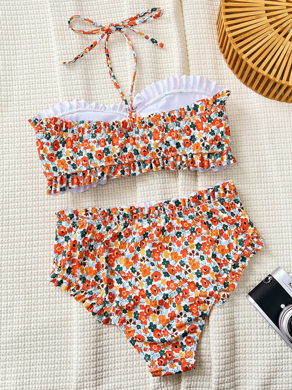 DEKA Ruffles Strapless Lace-Up Bikini Set Floral Pattern Swimsuit Women High Waist Bikini Summer New Swim Bathing Suit