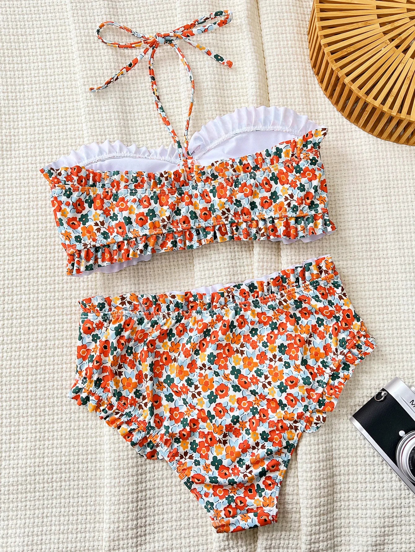 DEKA Ruffles Strapless Lace-Up Bikini Set Floral Pattern Swimsuit Women High Waist Bikini Summer New Swim Bathing Suit