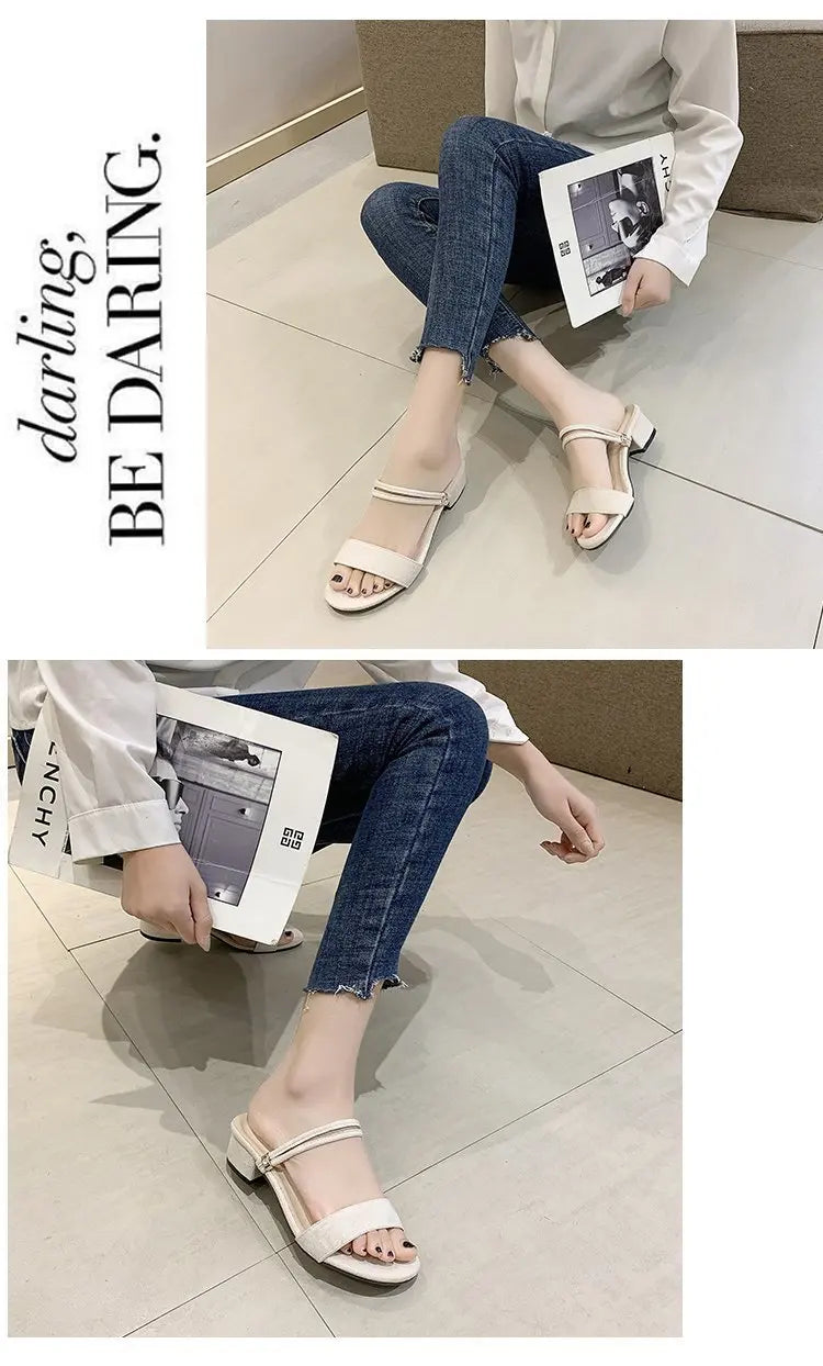 Women Sandals Chunky Heels Slides Summer 2026 Elegant Shoes Women Slipper Big Size 34-42 Fashion Summer Sandal Women