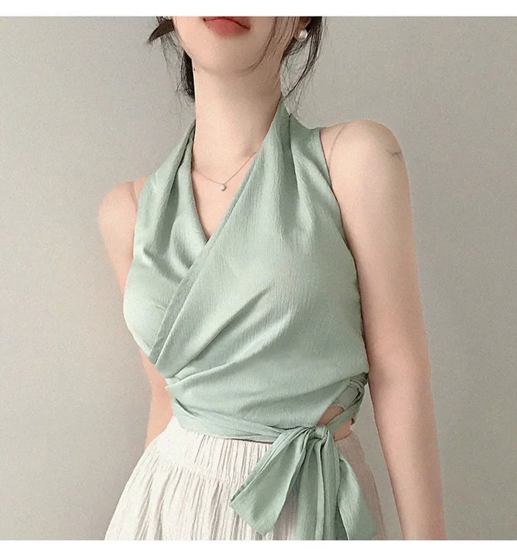 Women Blouses Slim Fit V-neck Lace Up Open Stitch Versatile Sleeveless Top For Female Chiffon Tops Summer Fashion PPAY
