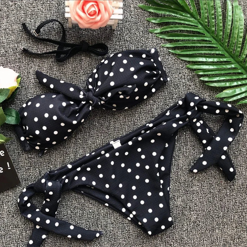 Leopard Knotted Polka Dot Bikini 2025 Women Strapless Bandeau Swimsuit Female Swimwear Two Pieces Bikini Set Bathing Suit Swim