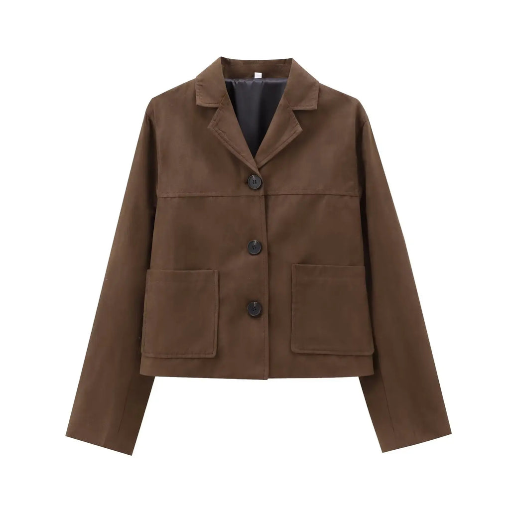 Foridol Buttons Brown Suede Jacket Autumn for Women Pockets Casual Turn Down Collar Short Jacket Femme Veste Chic New Coat
