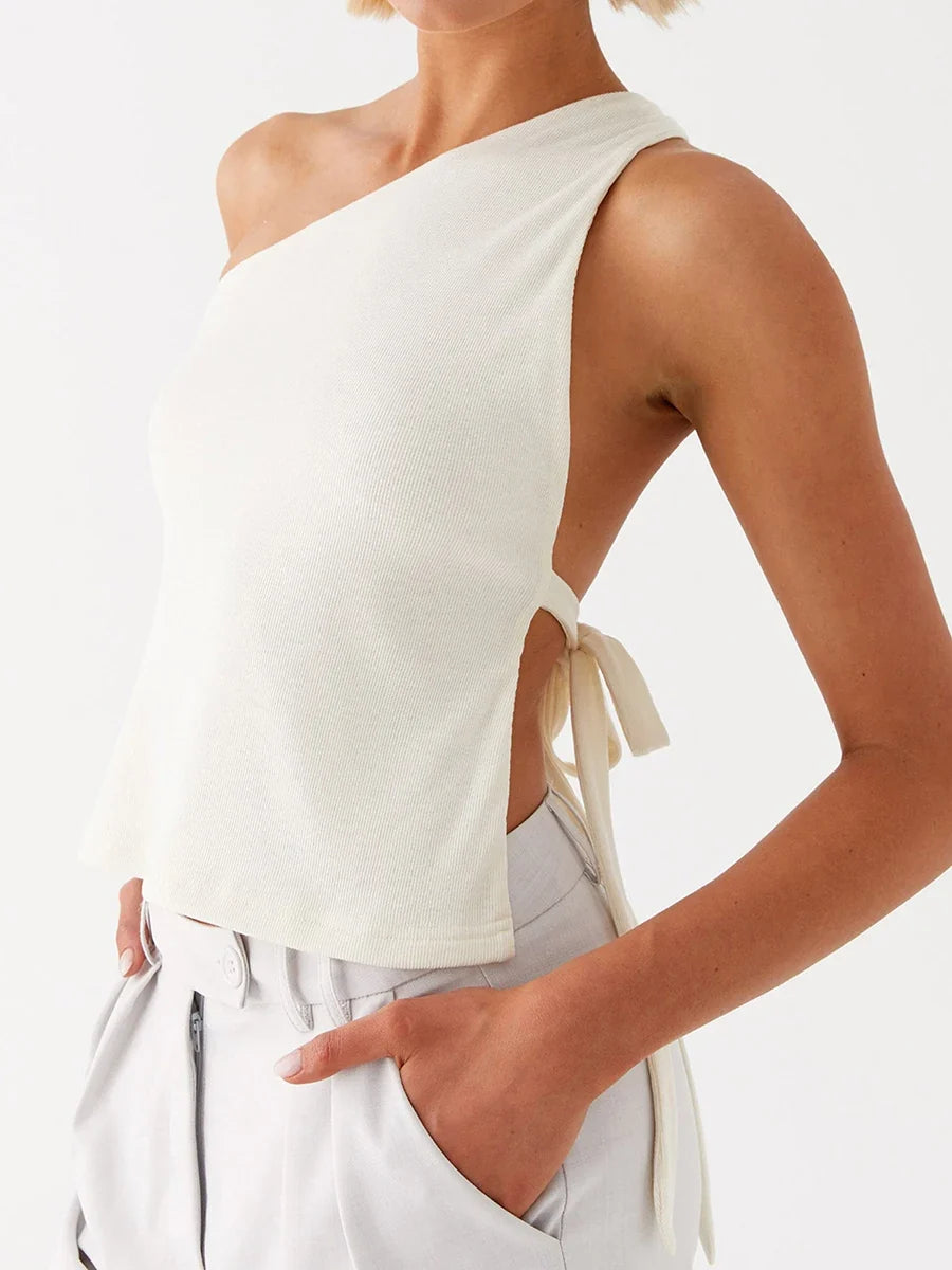 Women Off One Shoulder Tank Tops Solid Color Stylish Side Tie Design Vest Summer Fashion Streetwear