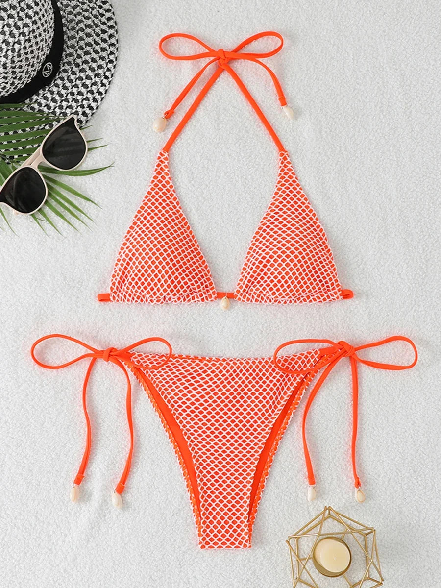 2026 Halter String Triangle Bikini Women Sexy Swimwear Female Mesh Swimsuit Solid Bathers Bathing Swimming Swim Suit Beachwear