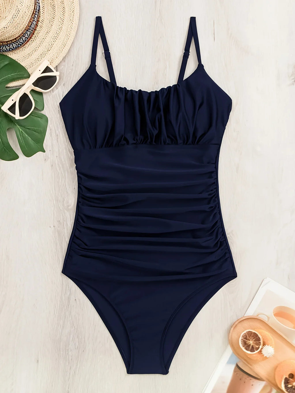 New Solid Black One Piece Swimsuit for Women Sexy Wrinkle Slim Pleate Tummy Control Swimwear Beach Bathing Suit Holiday Monokini
