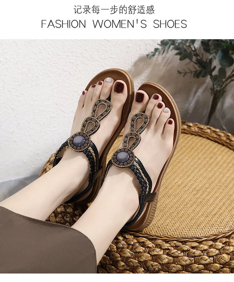 2026 New Shoes for Women Bohemia Crystal Sandals Women Shoes Rhinestone Lady Flip Flops Pearl Slip on Flat Beach Shoes