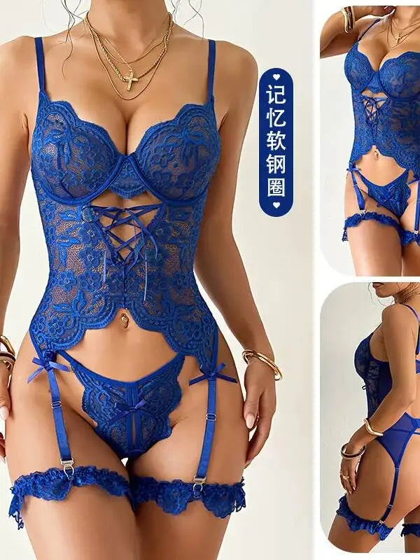 New Sexy Blue Lace Soft Steel Ring Cross Strap Garter Bodysuits Pure Desire Backless Deep V Suspenders Sleeveless Bodysuits Y7JW