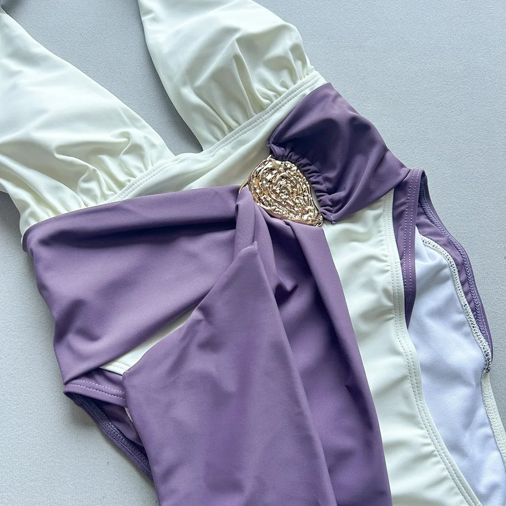 2026 New Summer Patchwork One-piece Suit Swimwear Women Sexy Deep V Neck Halter Lace-up Swimsuit High Waist Bodysuit Beachwear