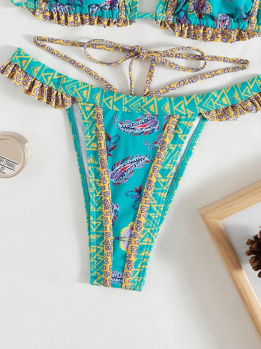 Floral Print Halter Ruffle Frilled Bikini Women Thong Swimwear Female Swimsuit Two-pieces Bikini Set Bathing Suit Swim Beachwear