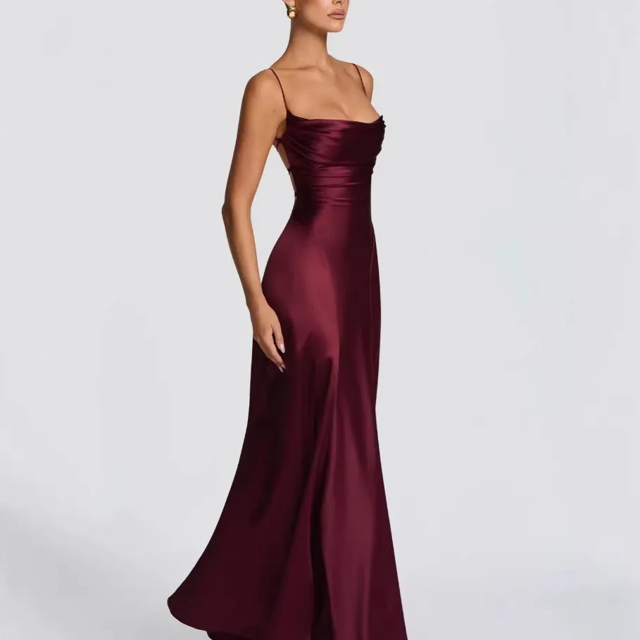 Australian Women's Back-cross-strap Hollow-out Camisole Dress With Chest Pleats Slim-fit Waist And Long Skirt Pure Desire ZJBL