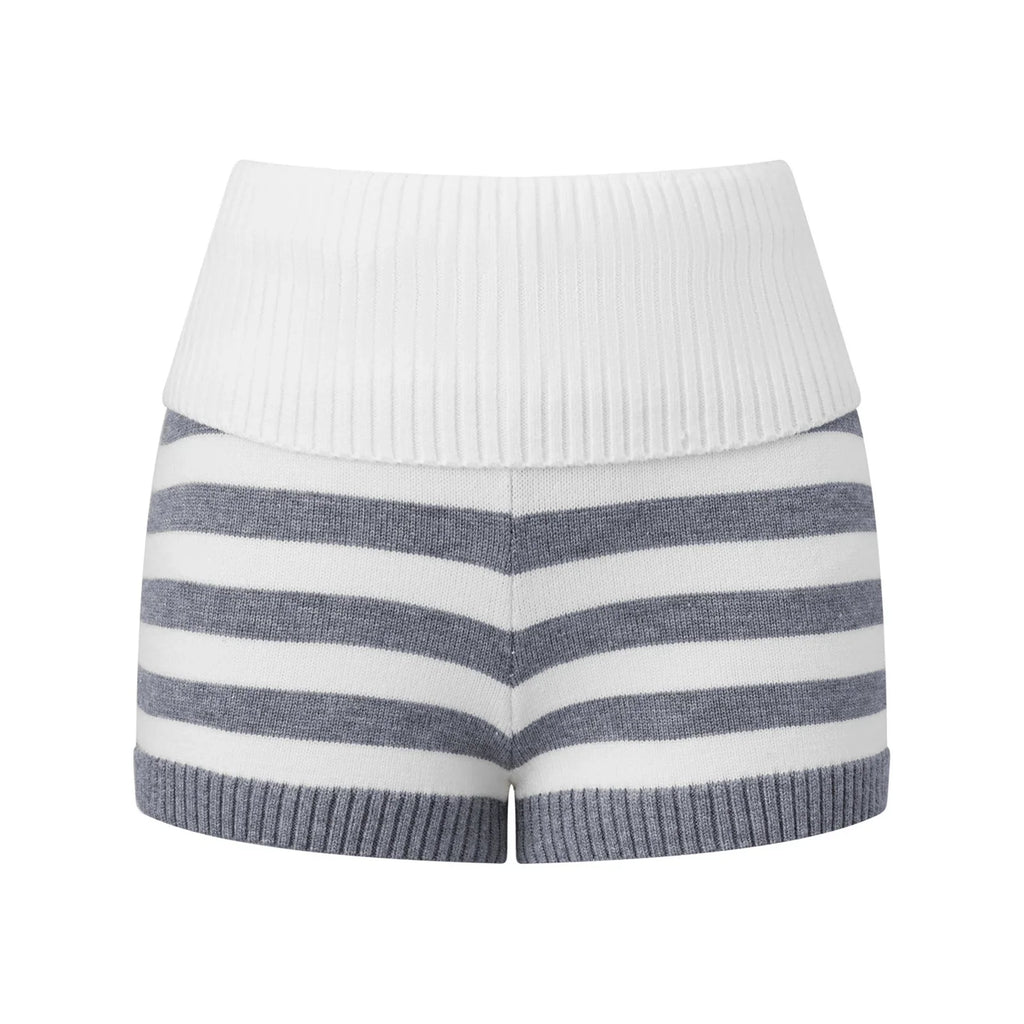 Women Spring Summer Striped Knit Shorts Slim Fold Over Low Rise Mini Shorts for Daily Office Party Club