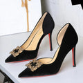Women 10cm Super High Heels Pointed Toe Side Hollow Work Pumps Metal Crystal Buckle Velvet Stiletto Fashion Banquet Lady Shoes