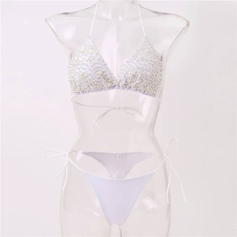 Halter Luxury Pearl Bikini Mini Micro Bikinis Female Swimsuit Women Swimwear Two-pieces Bikini Set Bather Bathing Suit Swim Lady