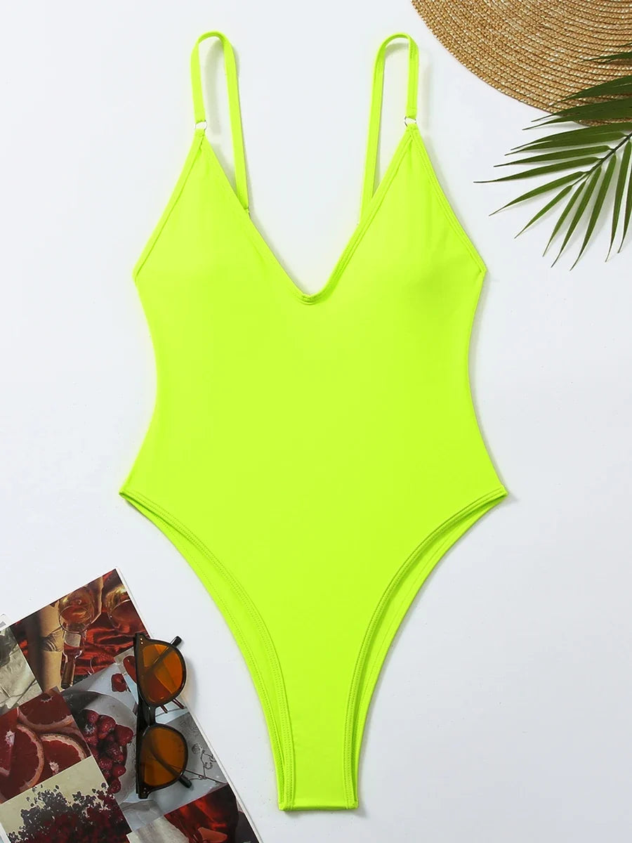 2026 Sexy Solid Swimsuit One Piece High Cut Swimwear Women V neck Backless Bathers Bathing Swimming Swim Suit Female Beachwear