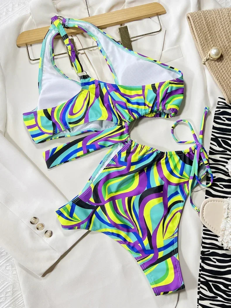 Sexy One Piece Swimsuit Swimwear Women Print Hollow Drawstring Single Shoulder Bathing Suit Beachwear Trajes De Bano Mujer 2026