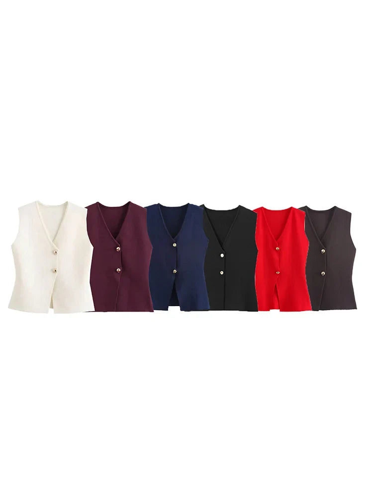 Foridol Gold Button Knitted Tank Top Women Autumn Winter Burgundy Short Vest Sleeveless V Neck Chic New Fashion Tops