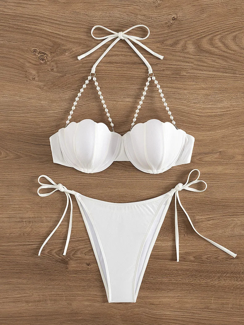 Sexy Pearls Strap Bikini Set 2025 Women White Push Up Underwire Tie Side Thong Swimsuit Summer Bathing Suit Swimwear Biquini