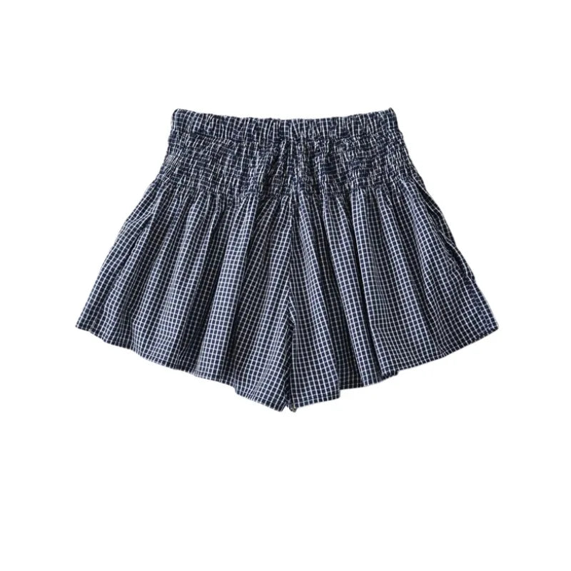Korean Women's Casual Shorts With Elastic Waist And Drawstring Pleated Plaid A-line Wide-leg Hot Pants For Trendy Girls EHL7