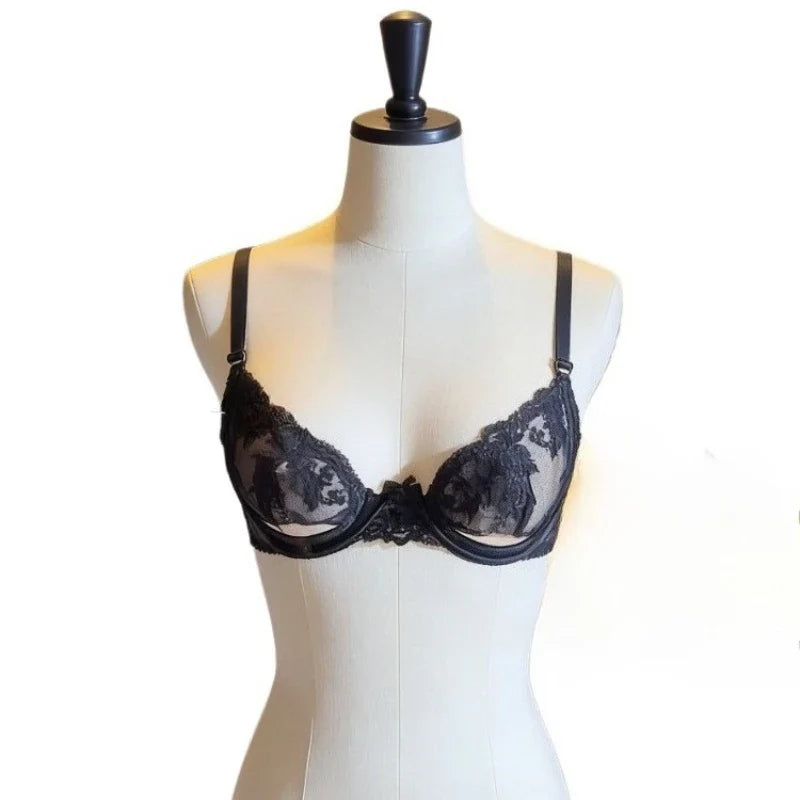 MOYISU Parisian Lace Half Cup Bra Set - Ultra-Thin Underwire Summer Lingerie with Sheer Cutouts & No Sponge Sexy French Desire