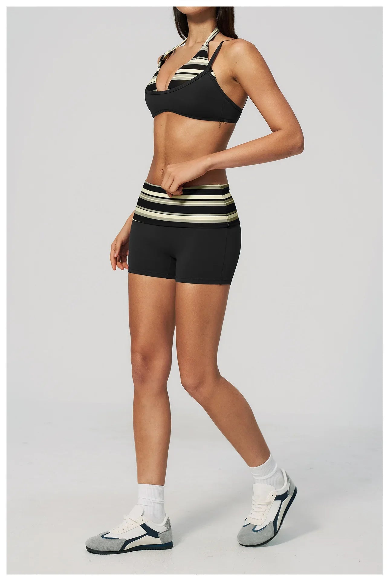 Breathable Striped Patchwork Yoga Clothing Women Fake Two-piece Sports Bra Folding High Waist Shorts Gym Running Fitness Suit