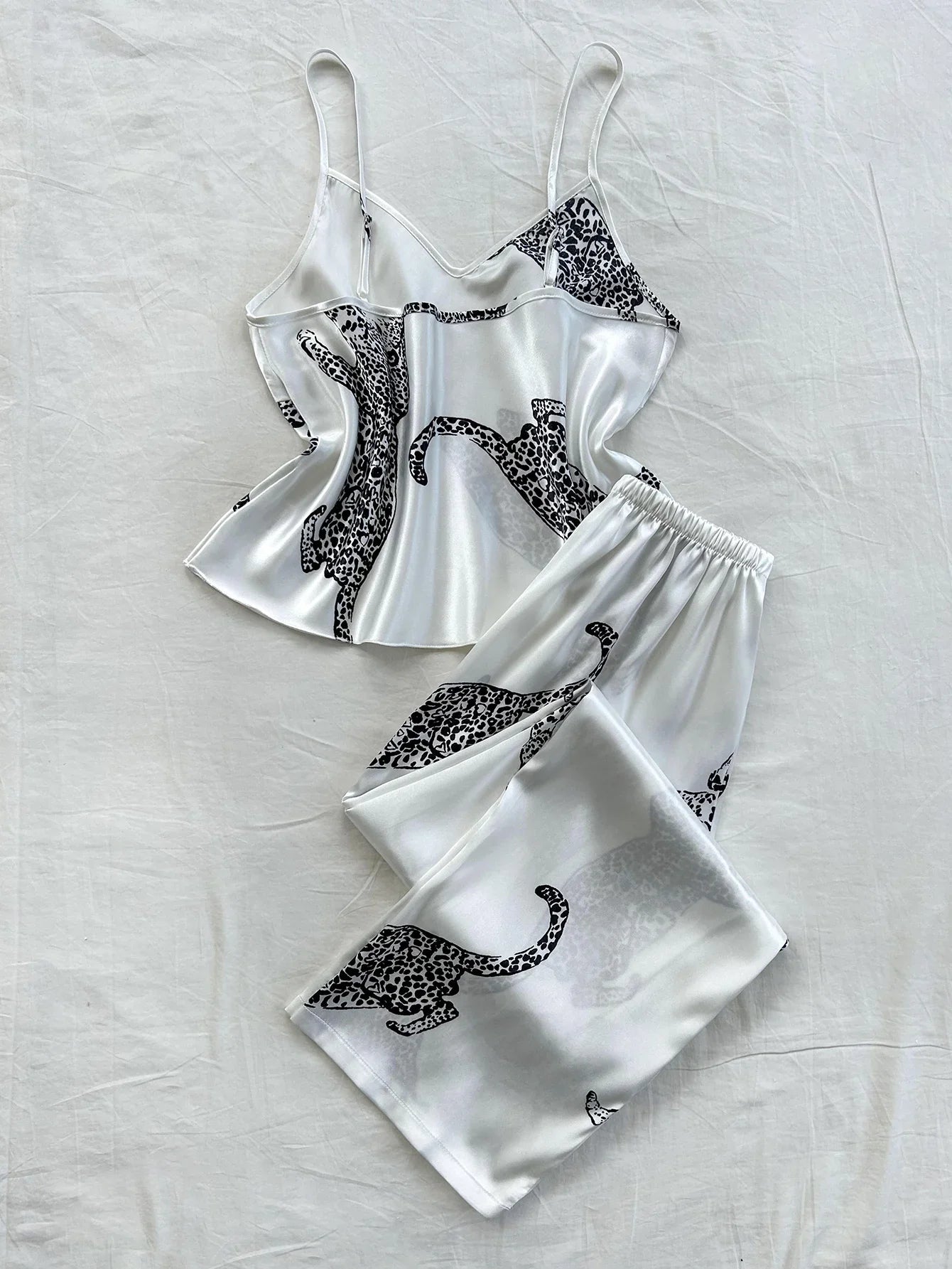 Women Sleepwear Summer Ice Silk Stain Comfortable 2pcs Pajamas Set V Neck Leopard Print Tops and Long Pants Loungewear