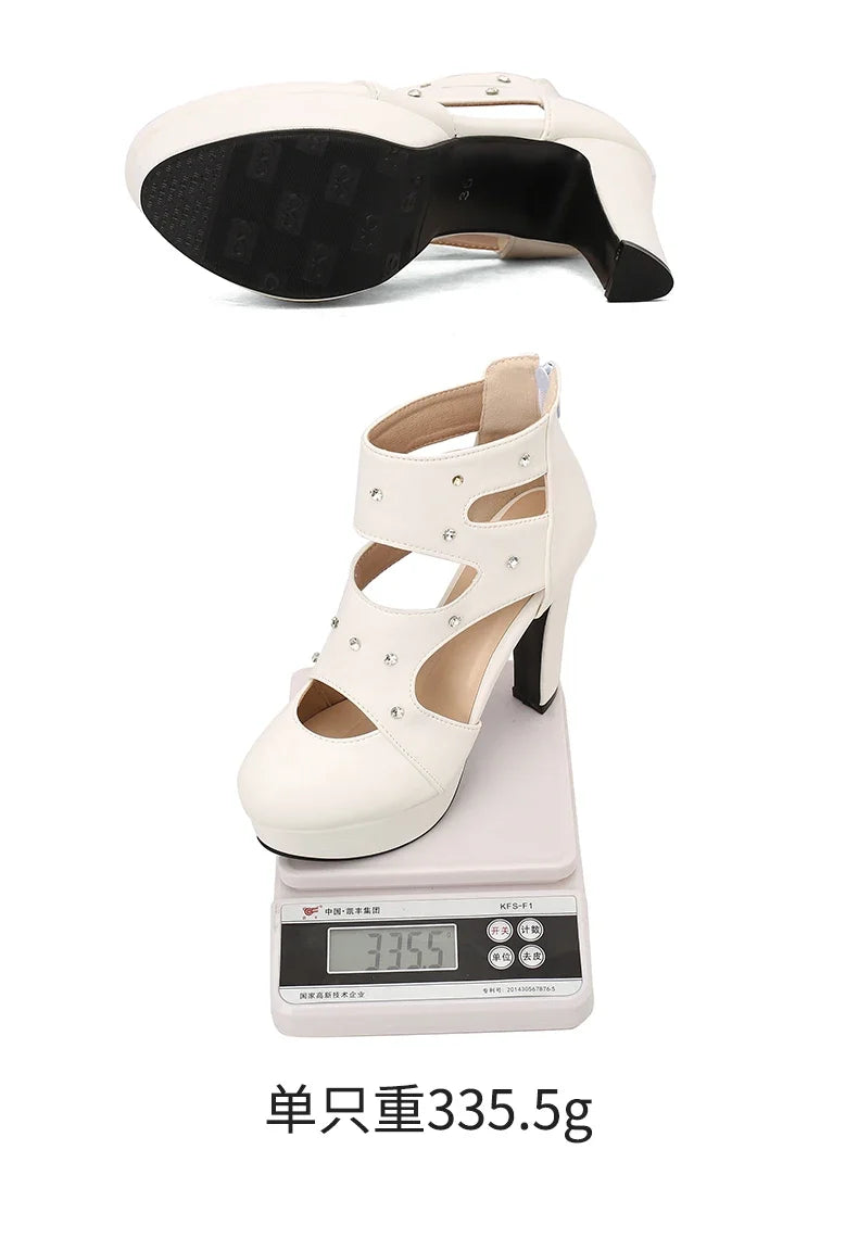 NASBAVI Summer Fashion Women Sandals Round Toe Chunky Heels 12cm Platform 3.5cm Zipper Crystal Plus Size 48 49 50 Party Shoes