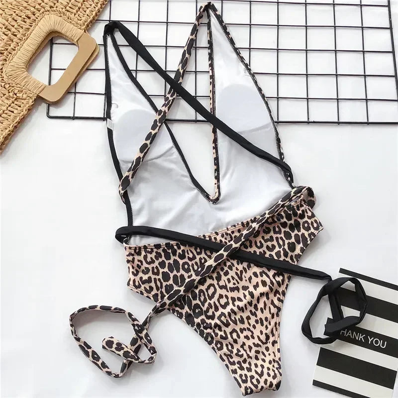 Deep V Neck Splicing Wrap Around Leopard Female Swimwear One Piece Swimsuit Women Backless Monokini Bather High Cut Bathing Suit