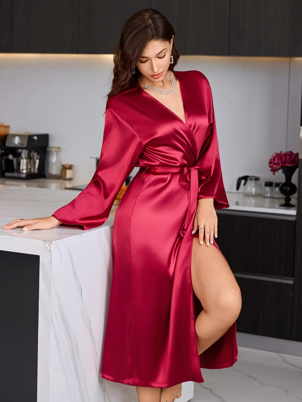 Women's Elegant Long Sleeve Robe V Neck Casual and comfortable bathrobe Solid Luxury Sleepwear For Home Relaxation